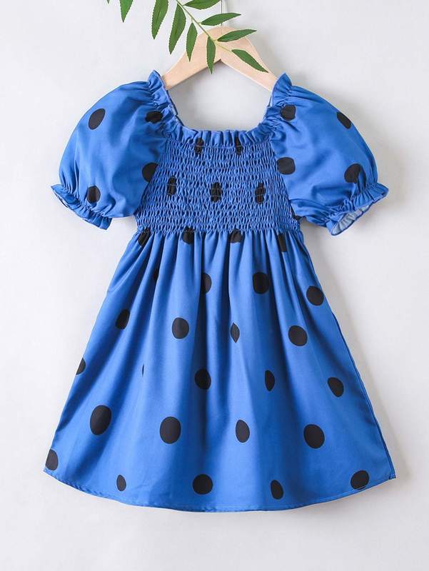 Toddler Girls Polka Dot Puff Sleeve Shirred Frilled Dress SHE
