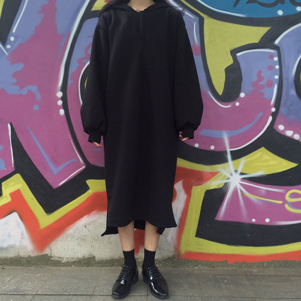 Korean Women Autumn Winter Hooded Dress Pullover Thick Fleece Oversized Casual Loose Maxi Long Hoodie Sweatshirt Dresses Black 201008