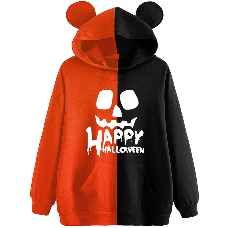 Womens Cute Ears Hoodies Halloween Graphic Sweatshirt Color Block Orange and Black Stitching Sweatshirt Long Sleeves Pumpkin Skull P
Womens Cute Ears Hoodies Halloween Graphic Sweatshirt Color Block Orange and Black Stitching Sweatshirt Long Sleeves Pumpkin Skull P