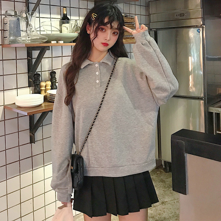 Spring Autumn Winter Sweatshirts Korean Solid Color Polo Women Shirt Loose Boyfriend Style Female Sweatshirt Pullover Harajuku 201102