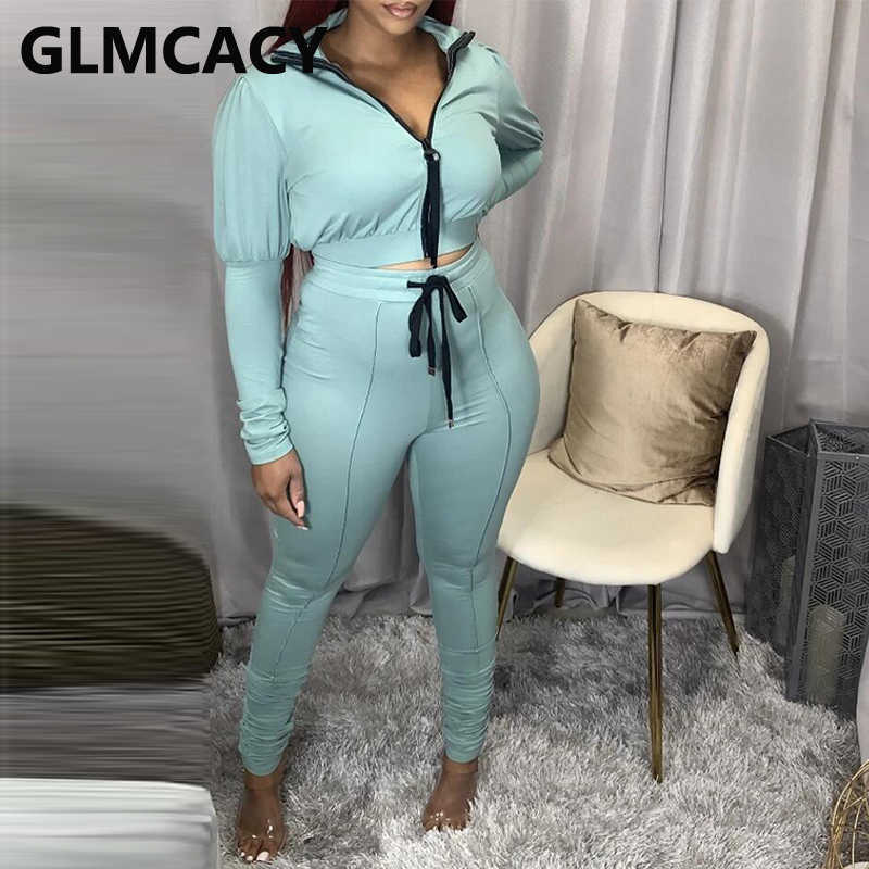 Women Two Piece Solid Tracksuits Long Sleeve Zipper Jacket & Drawstring Pants Set 210702
