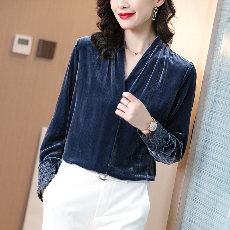 Women Sexy V-neck Velvet Office Blouse Elegant Blue Long Sleeve Wild Basic Shirts Plus Size Vintage Casual Ladies Top Spring New 210225