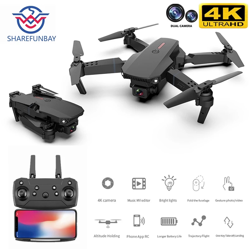 Mini drone E88 Pro 4k HD dual camera visual positioning 1080P WiFi FPV drone height preservation RC Quadcopter, Black
Mini drone E88 Pro 4k HD dual camera visual positioning 1080P WiFi FPV drone height preservation RC Quadcopter, Black