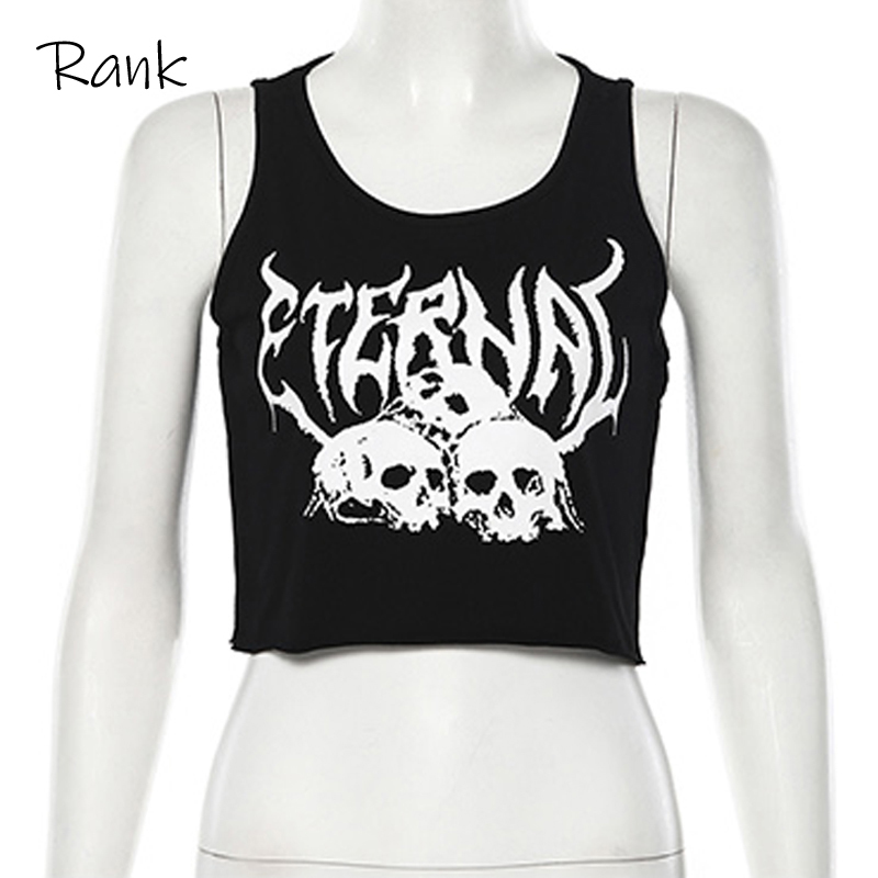 Gothic Black Skull Print knitted Ruffle Chic Tank Tops Off Shoulder Casual Crop Top Summer women Grunge Female Streetwear 210308