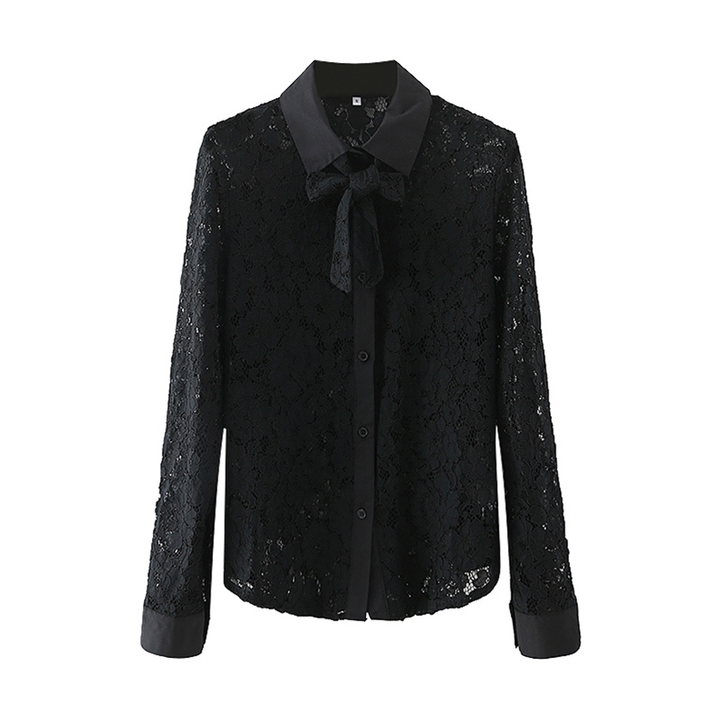 Elegant Women Black Hollow Out Shirts Fashion Ladies Floral Lace Tops Sweet Female Chic Slim Turn Down Collar Shirt 210527