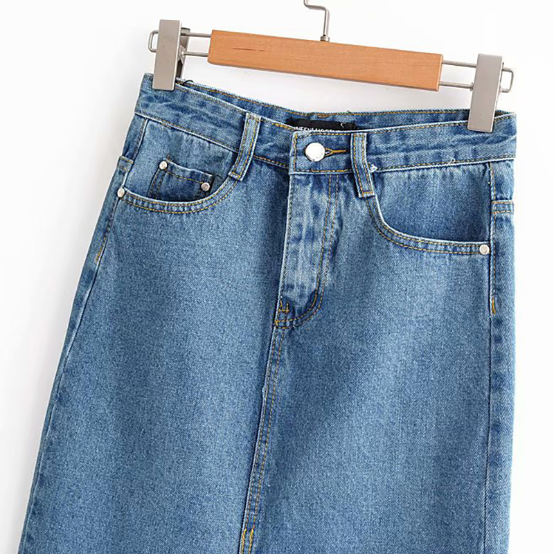 Aachoae Sexy Denim Skirts Women Fashion Split Mid Calf Length Skirts Vintage Pocket Blue Saia Ladies High Waist Midi Skirt 210306