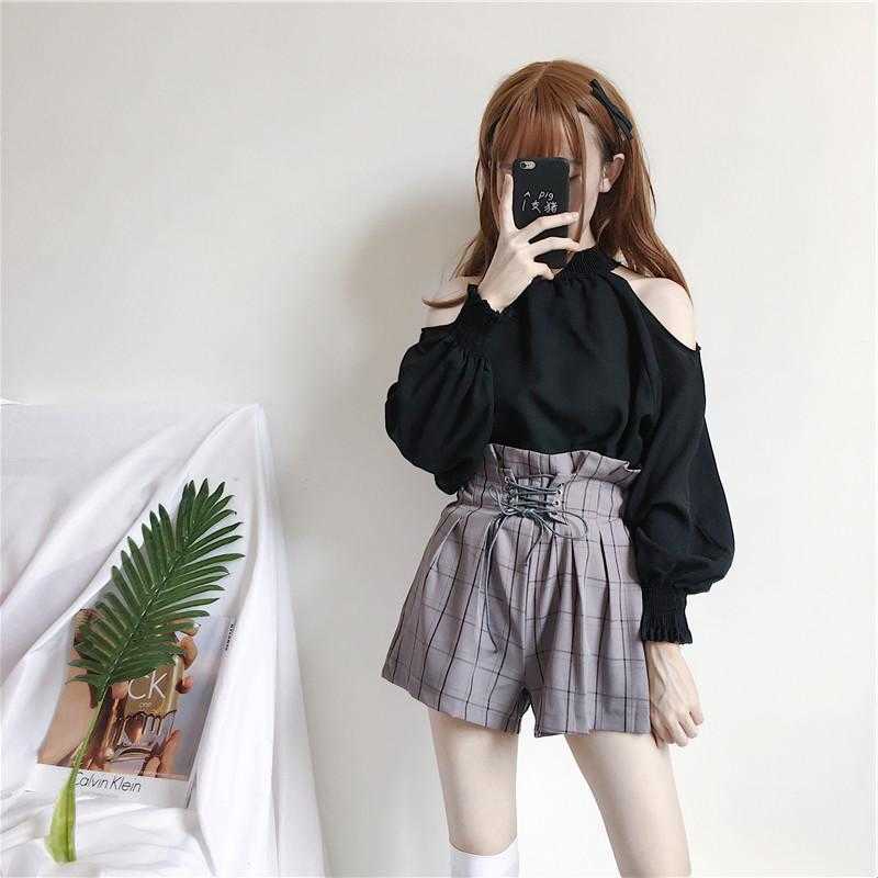 HELIAR Women Drawstring Plaid Shorts Elastic Waist Wide Leg Shorts With Saches Harajuku High Waist Shorts For Women Autumn 210625