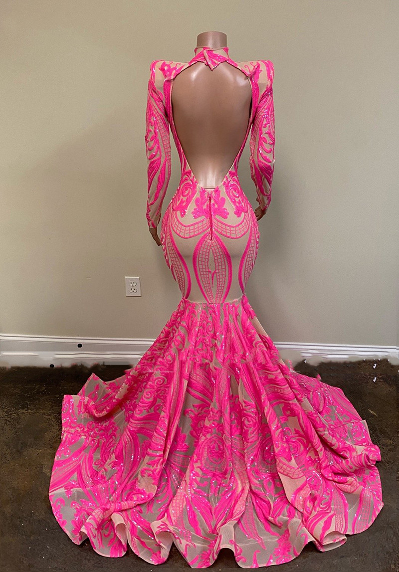 Fuchsia Shiny Mermaid Prom Dresses Sparkly Sequin Lace long Sleeve Illusion Mesh Cutout African Girl Evening Gown Robe De Soiree