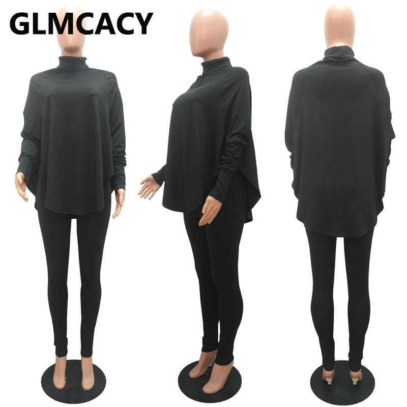 Women Two Piece Classy Suits Batwing Sleeve Turtleneck Top & Skinny Pants Set 211007