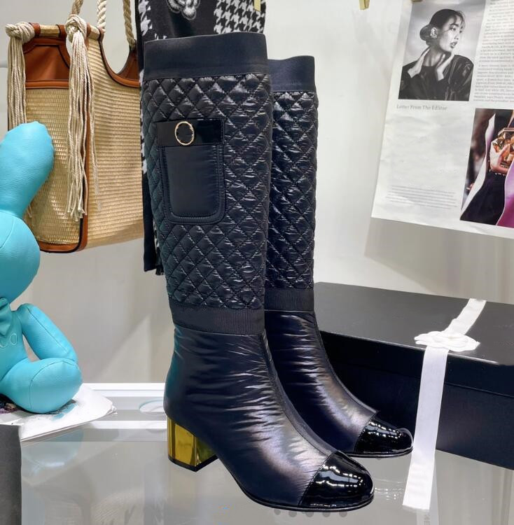 Fashion trendsetter big-brand boots are straight but knee-length zipper gold thick heel leather round bullet mouth white black beige