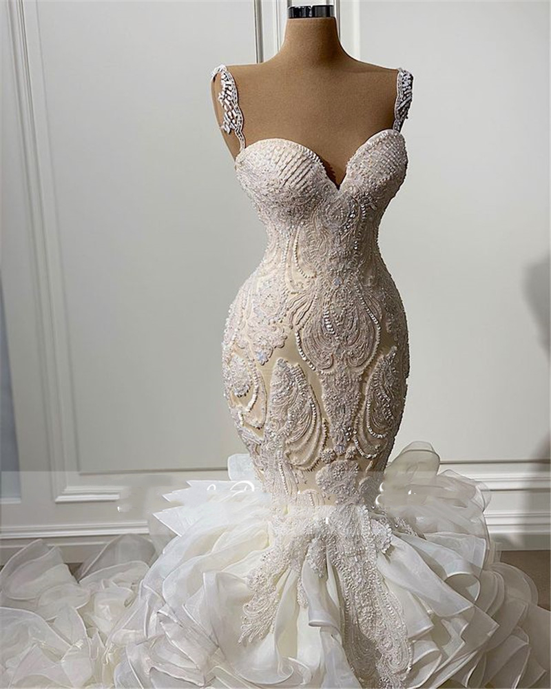 Luxury Crystals Beaded Mermaid Wedding Dresses Tiered Ruffles Skirt Cathedral Length Long Train Trumpet Lace Wedding Gowns Straps Sweetheart Bridal Dr