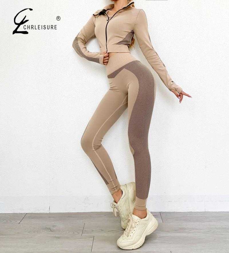 CHRLEISURE Women 2 Piece Set Tracksuits Fitness Long Sleeve Crop Top Solid Workout Leggings Female suit 211007