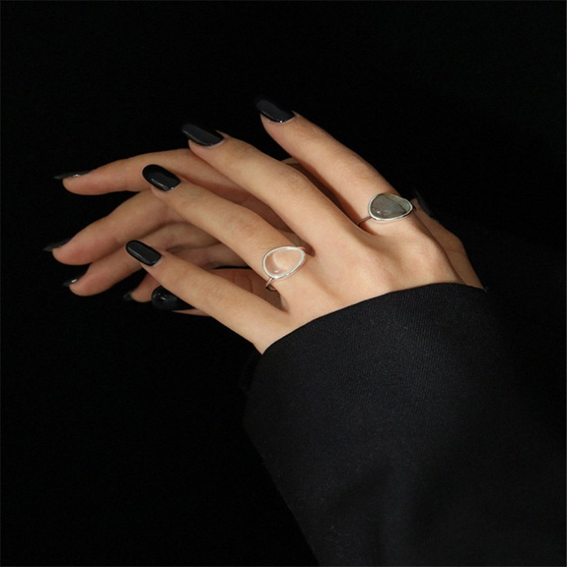 100% 925 Sterling Silver Moon Stone Crystal Rings For Women New Irregular Adjustable Statement Ring Birthday Gifts