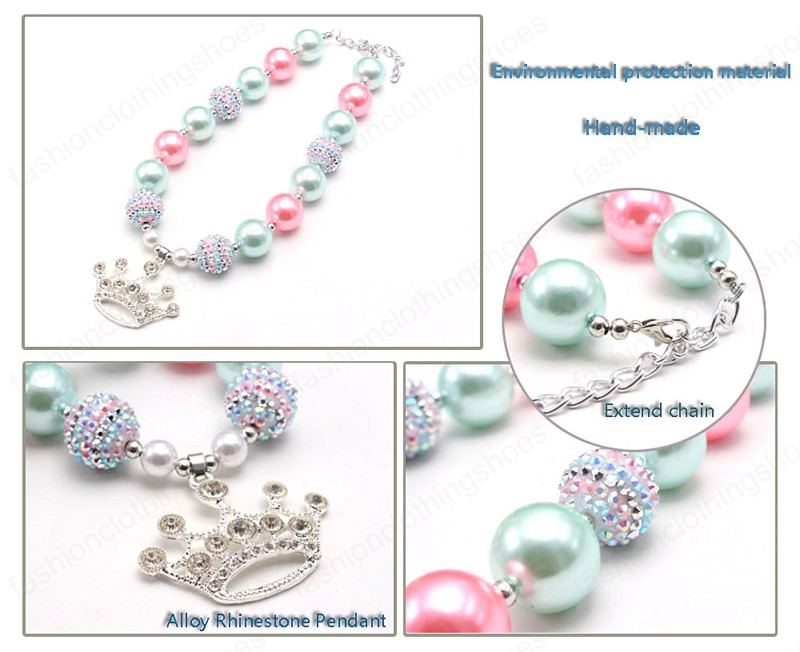 Fashion crown pendant necklace for kids girls handmade chunky bubblegum beaded necklace for child party gift