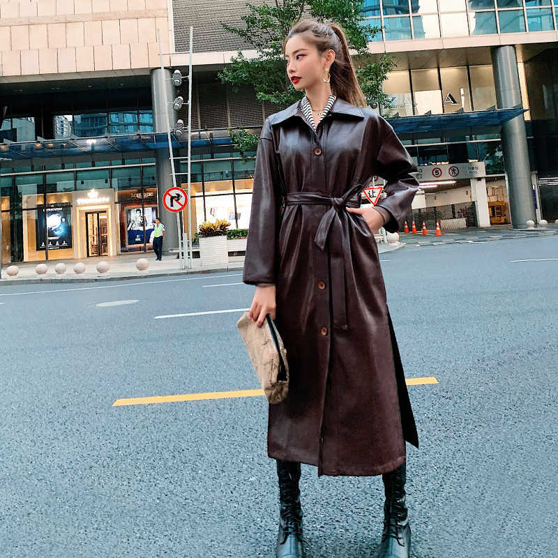Fitaylor PU Leather Long Jacket Spring Women Loose Belt Faux Leather Windbreaker Trench Coat Slim Spring Jacket 210909