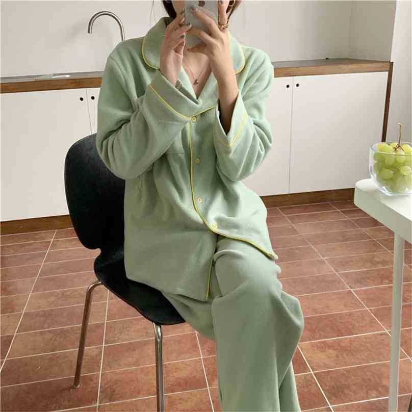Two Pieces Suit Sweet Solid Thicken Warm Gentle Nightwear Soft Casual Loose Fashion Long Sleeves Pajamas Sets 210525, Apricot