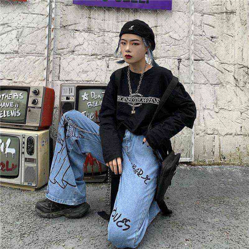 Graffiti printed street jeans women's gothic mopping loose wide-leg pants Harajuku street casual all-match jeans trousers women 211112