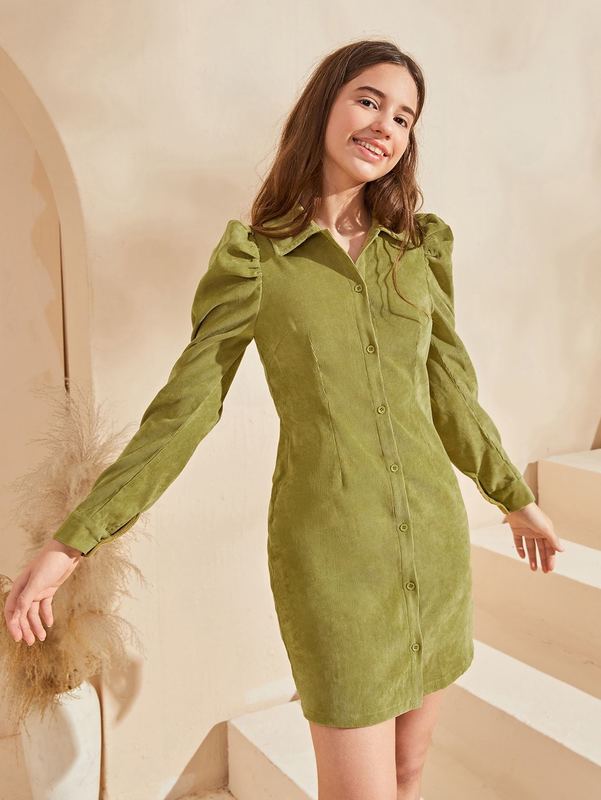 Teen Girls Collared Puff Sleeve Cord Shirt Dress Without Belt SHE