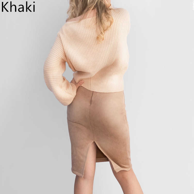 Multi colors Women Skirt Spring Solid Suede Work Wear Package Hip Pencil Midi Autumn Winter Bodycon Femininas SP012 210619