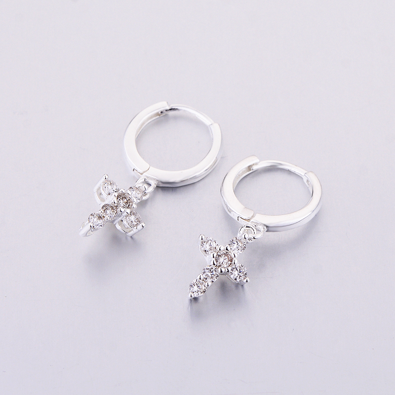Women Authentic Fashion 925 Sterling Silver Gold Colors Luxury Crystal Cross Dangle Hoop Earrings Girls Round Earrings Jewelry Gift