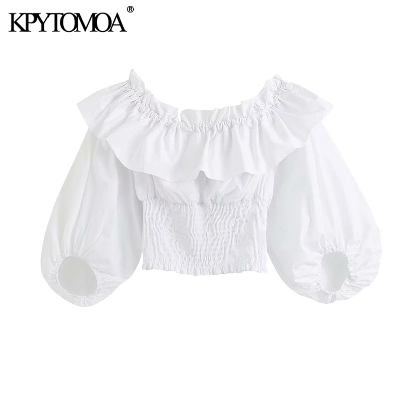 KPYTOMOA Women Sweet Fashion Ruffled Trims Cropped Blouses Vintage Slash Neck Smocked Hem Female Shirts Blusas Chic Tops 210225