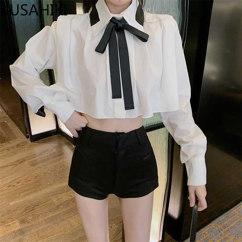 High Waist Short Women Blouse Bowknot Turn-down Collar Long Sleeve Shirt Spring Crop Top Blusas Mujer 6F326 210603
