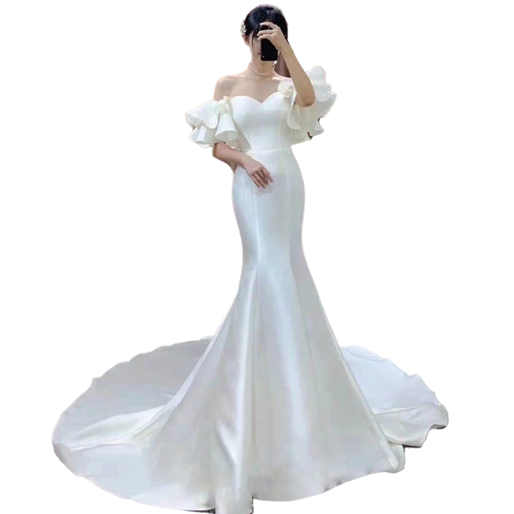 Simple Satin Mermaid Wedding Dresses For Bride Off The Shoulder Ruffles Women Dress Short Sleeves Back Lace-Up Plus Size Bridal Gowns 2022