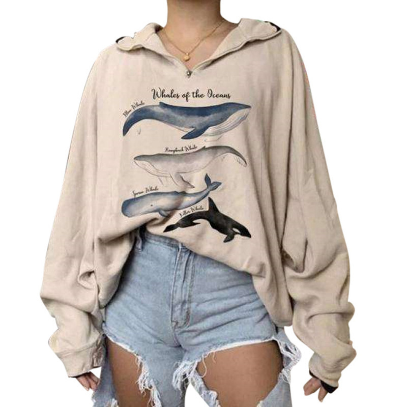 Fashion Women Hoodie Whales Print Loose Hoodies Personality Printed Women Sweatshirts Zipper Graphic Hoodie Pullovers 201202