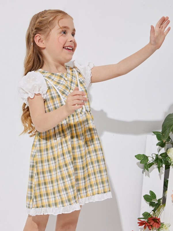 Toddler Girls Plaid Puff Sleeve Smock Dress SHE