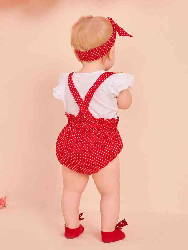 Baby Polka Dot Criss Cross Eyelet Embroidery Paperbag Waist Bodysuit With Headband Without Top SHE