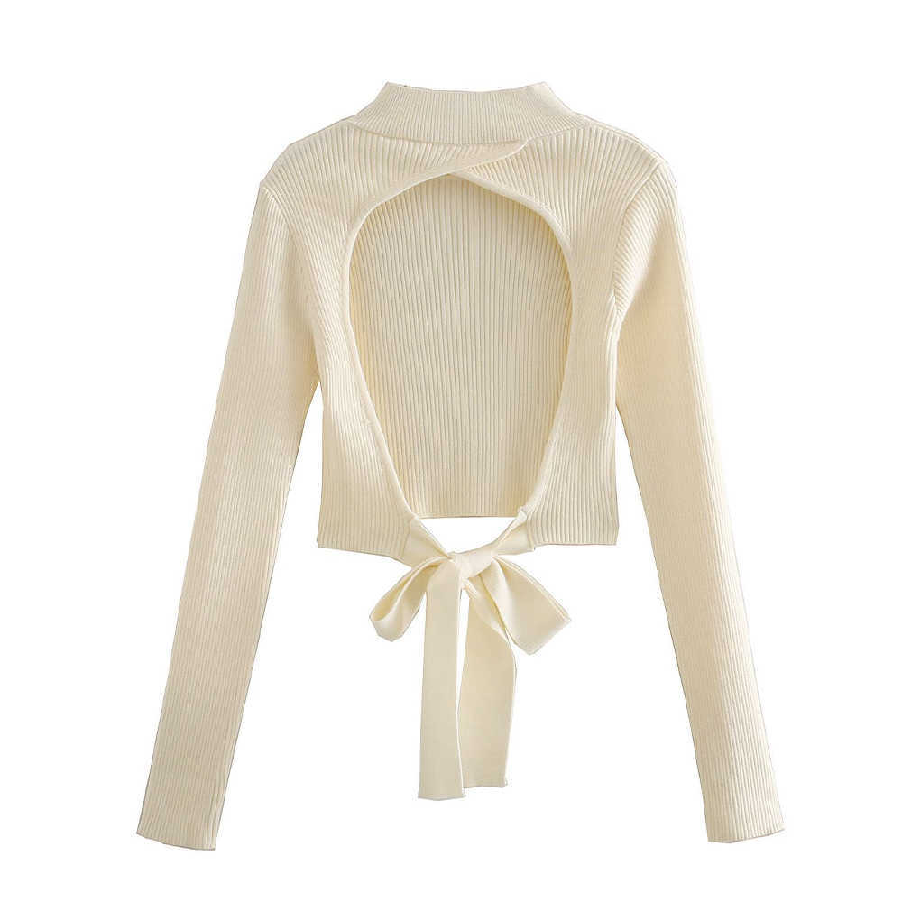 Women Backless Knit Sweater High Neck Long Sleeves Casual Fashion Chic Lady Woman Sweaters Pullovers Tops 210914