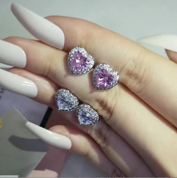 Choucong Simple Fashion Stud Earring Luxury Jewelry 925 Sterling Silver White Pink 5A Cubic Zircon Heart Shape Diamond Promise Gemstones Women Hollow 
