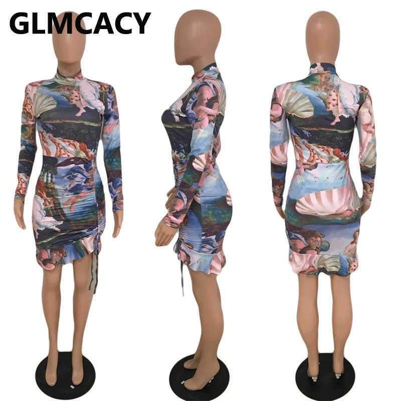 Women Long Sleeve Abstract Bodycon Mini Dress 210702