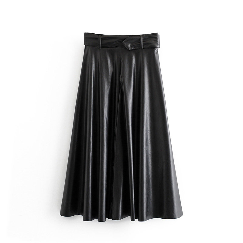 Aachoae Faux Leather Skirt Women Elegant Tie Belt High Waist Long Pleated Skirts Vintage A-line Midi Skirt Spring 210309
