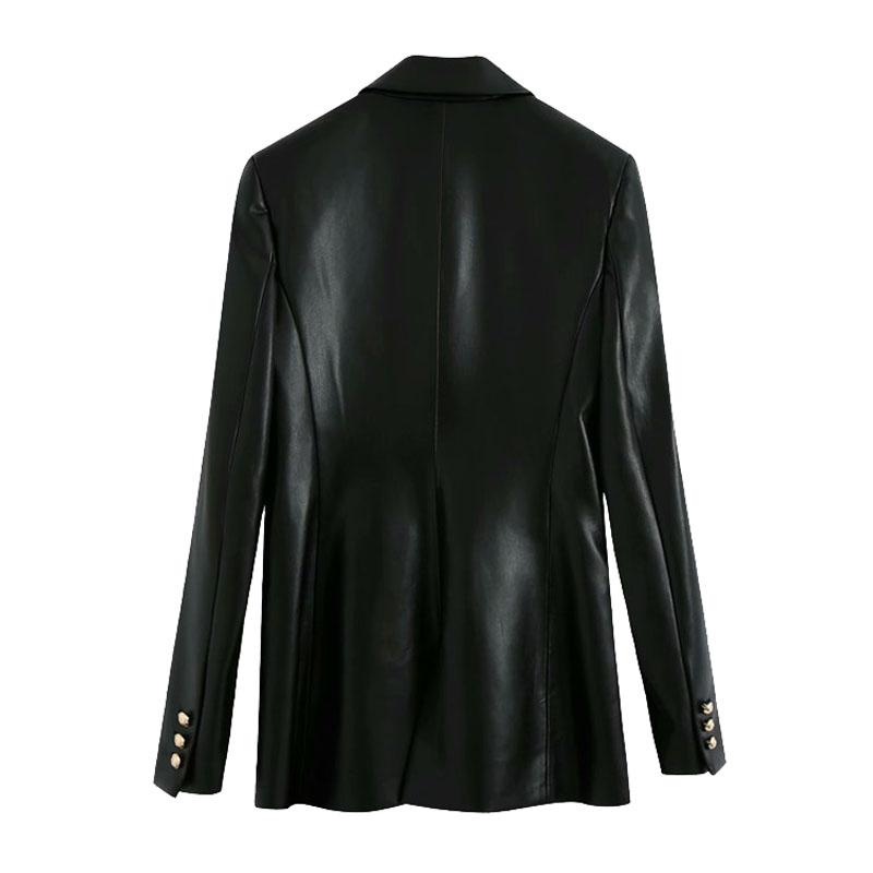 Women 2021 Fashion Double Breasted Faux Leather Blazers Coat Vintage Long Sleeve Back Vents Female Outerwear Chic Tops