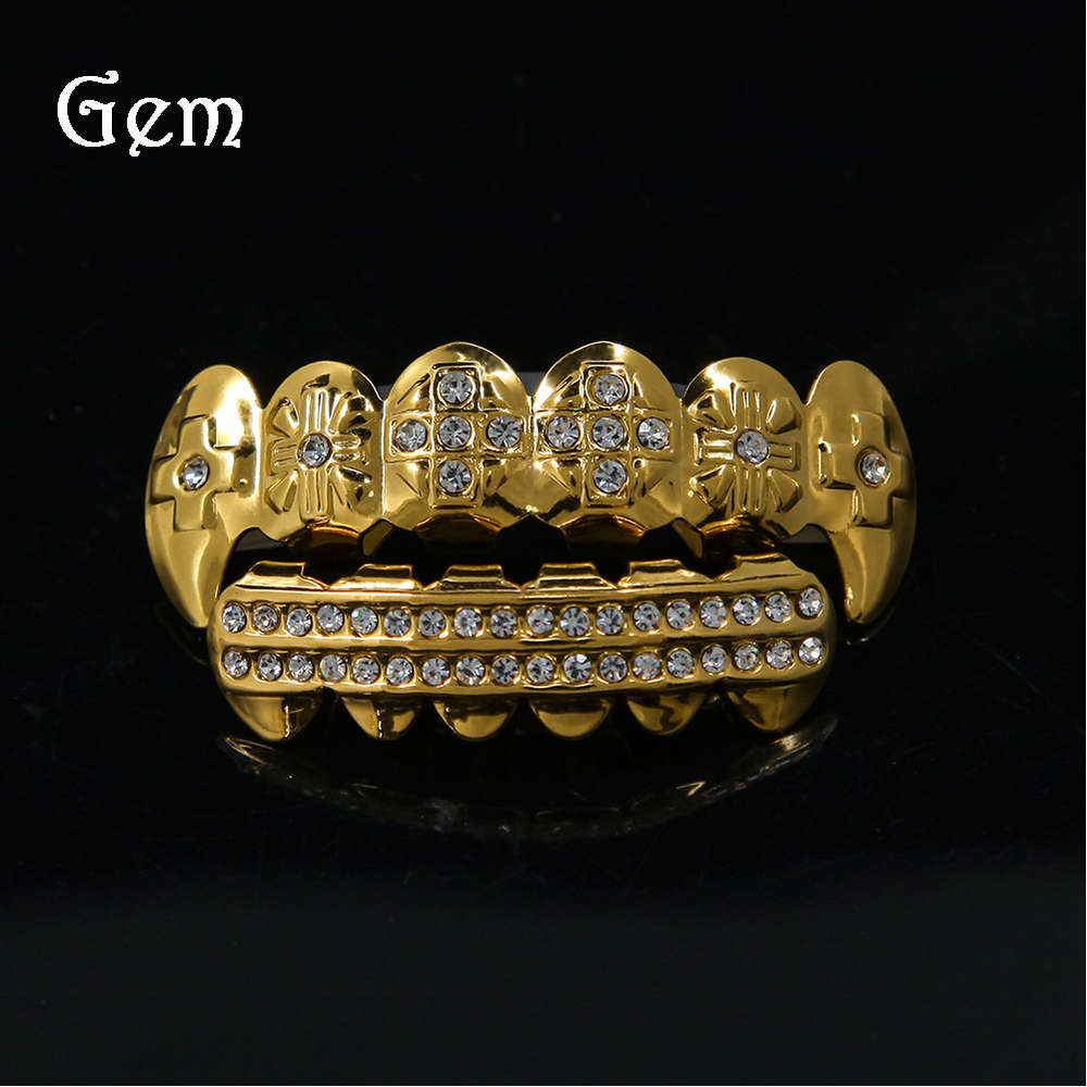 Grills real gold electroplated hip hop gold teeth exaggerated inlaid diamond canines
Grills real gold electroplated hip hop gold teeth exaggerated inlaid diamond canines
