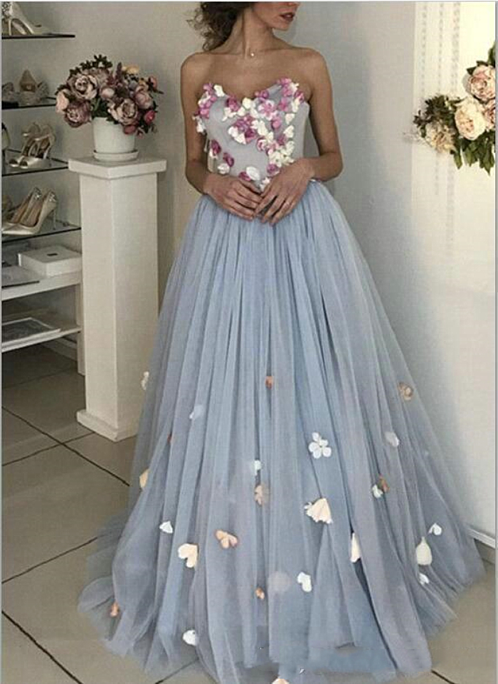 Pale Blue Corset Tulle Prom Dresses A Line Sweetheart Strapless Appliques 3D Floral Flowers Plus Size Special Occasion Dress Evening Gowns