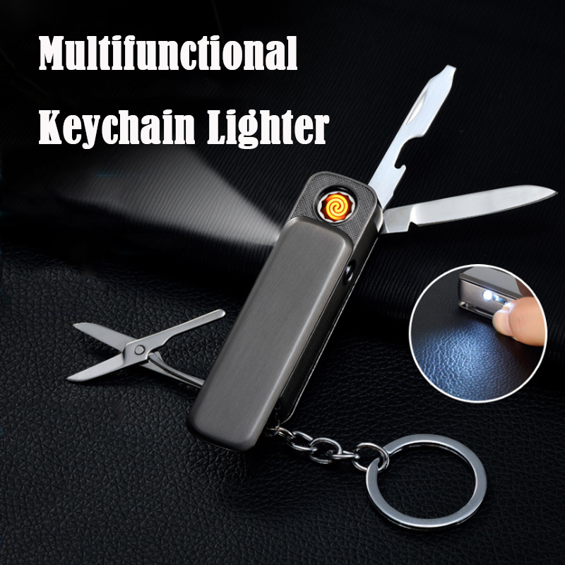 Swiss Knife Keychain ighter Zinc Aoy Creative Eectric ighter USB Rechargeabe Fameess ighters Smoking Accessories