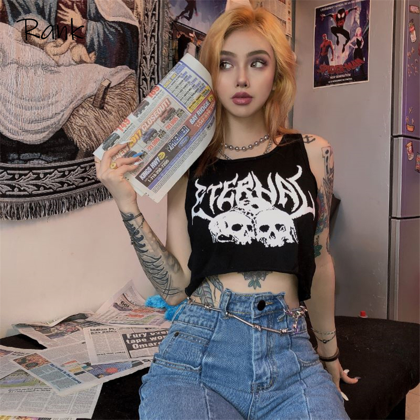 Gothic Black Skull Print knitted Ruffle Chic Tank Tops Off Shoulder Casual Crop Top Summer women Grunge Female Streetwear 210308