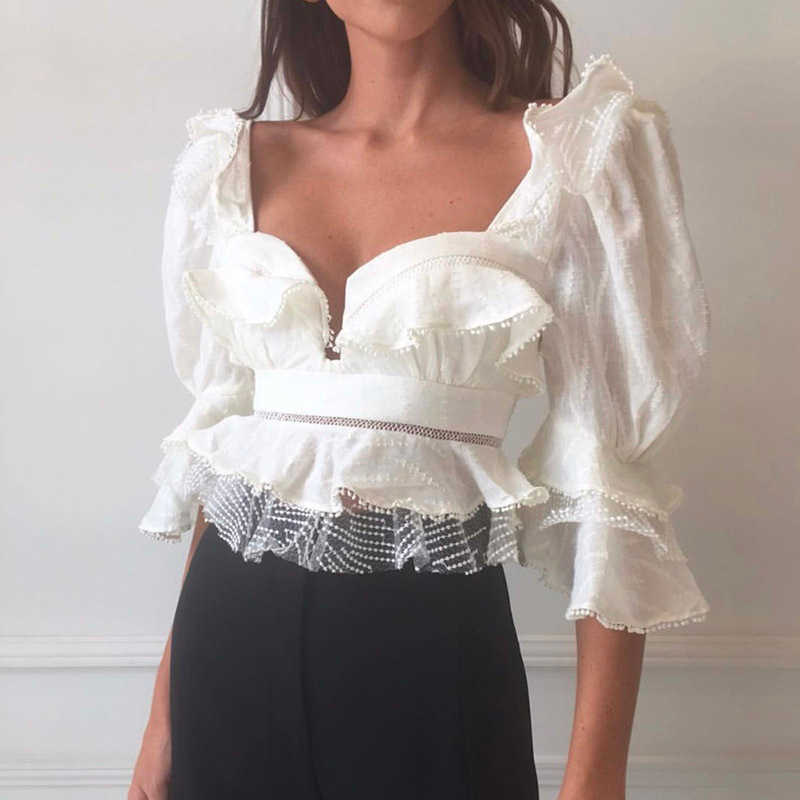 TWOTYLE Vintage Patchwork Lace Shirt Female Square Collar Puff Sleeve Hollow Out Ruffles Short Blouse Women Fashion Clothes 210721