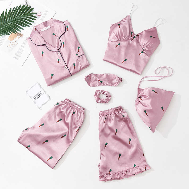 Yellow Satin Sleep Set Print Pajamas Suit For Women Spring Autumn Nightwear Home Clothing Casual Sleepwear Intimate Lingerie Q0706