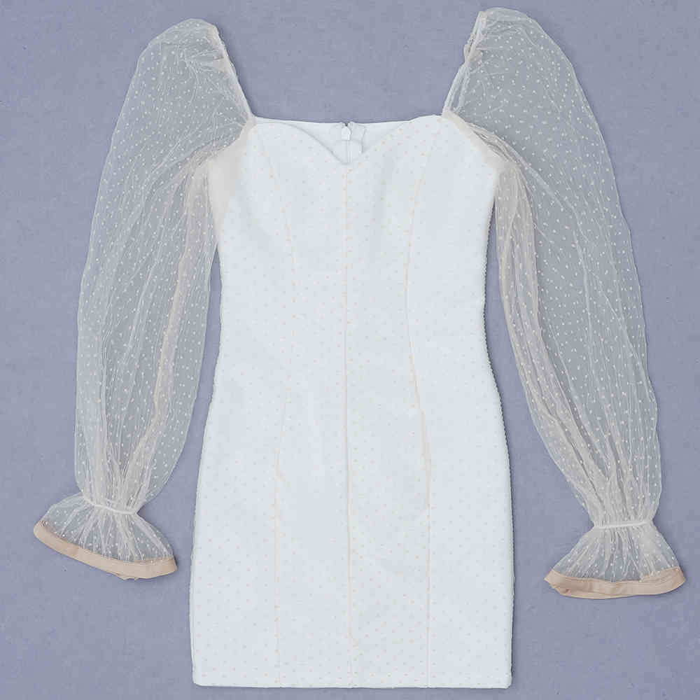 Women's Summer Sexy Long Sleeve Mesh Mini White Tight Bandage Dress Latest Elegant Celebrity Party Vestidos 210525