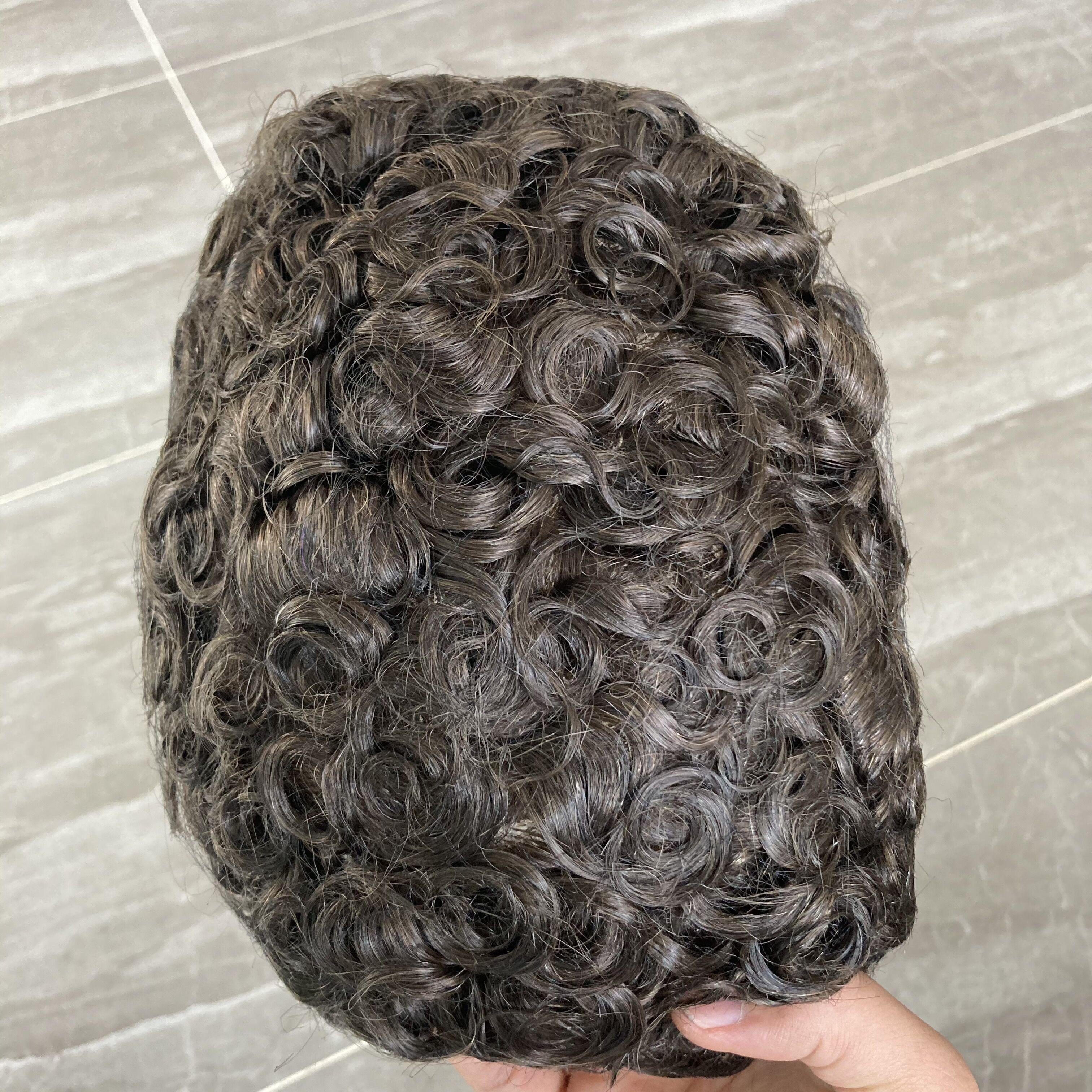 Men's Wig 20MM Curly Machine Injected Technical Skin Base Human Hair Toupee Replacement System Full Machine #1B Color 8x10inch