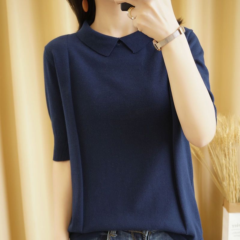 Summer New Short-sleeved Woman Doll Collar Pullover Vest Slim Fashion Knitted Bottoming T-Shirt Short Sleeve Large Size 210306