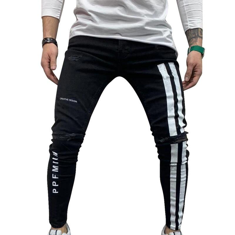 Men Skinny Denim Biker Jeans Side Striped Mens Ripped Pants Destroyed Hole Scratched Zipper Slim Fit Jean Trousers