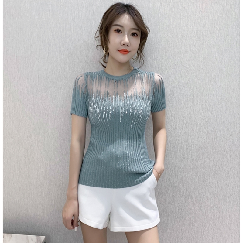 Summer Korean Clothes Knit T-shirt Sexy Diamonds Transparent Women Tops Ropa Mujer Shirt Short Sleeve Elastic Tees T04915 210302