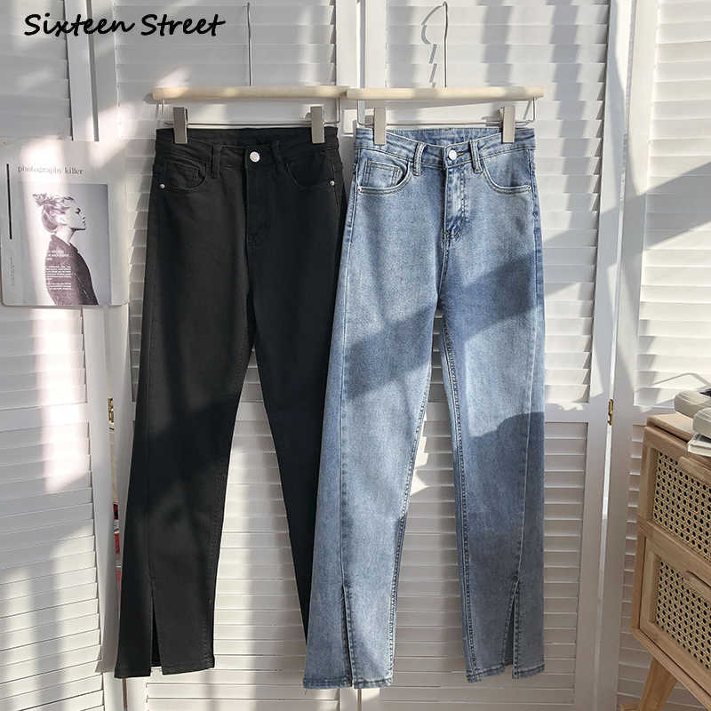 Streetwear Elastic Denim Flare Pants Woman High Waist Vintage Blue Split Jeans Korean Chic Gray Bell Bottom Female 210922