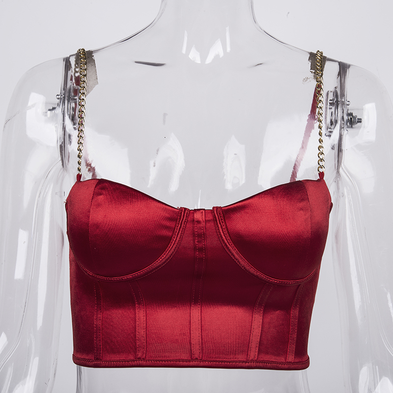 NewAsia Summer Crop Top Women Sexy Bustier Top Blackless Chain Strap Padded Cropped Casual Satin Black Crop Tops Clothes 210308
