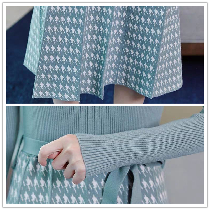 Autumn winter Vintage printed Knitted Sweater pleated Dress women OL Elegant sweater dress with belt female aline slim dress 201008