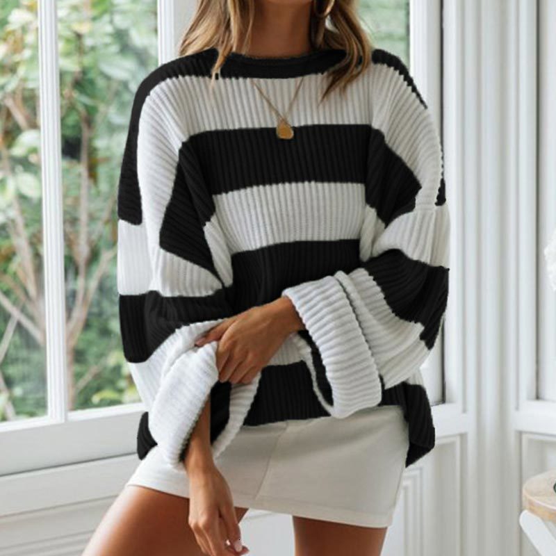 Women's Winter Sweater Stripes Pullover Long Sleeve O-Neck Curling Loose Ladies Sweaters Autumn New Womens Jumpers 210218